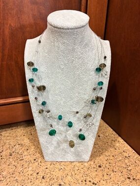 Statement Multi-Strand Teal Green & Smoky Crystal Beaded Necklace Silver Tone